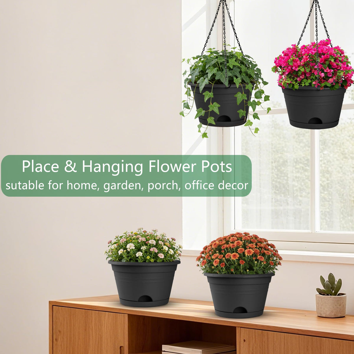 Nooulap hanging planters on a sunny patio; durable outdoor-ready design.