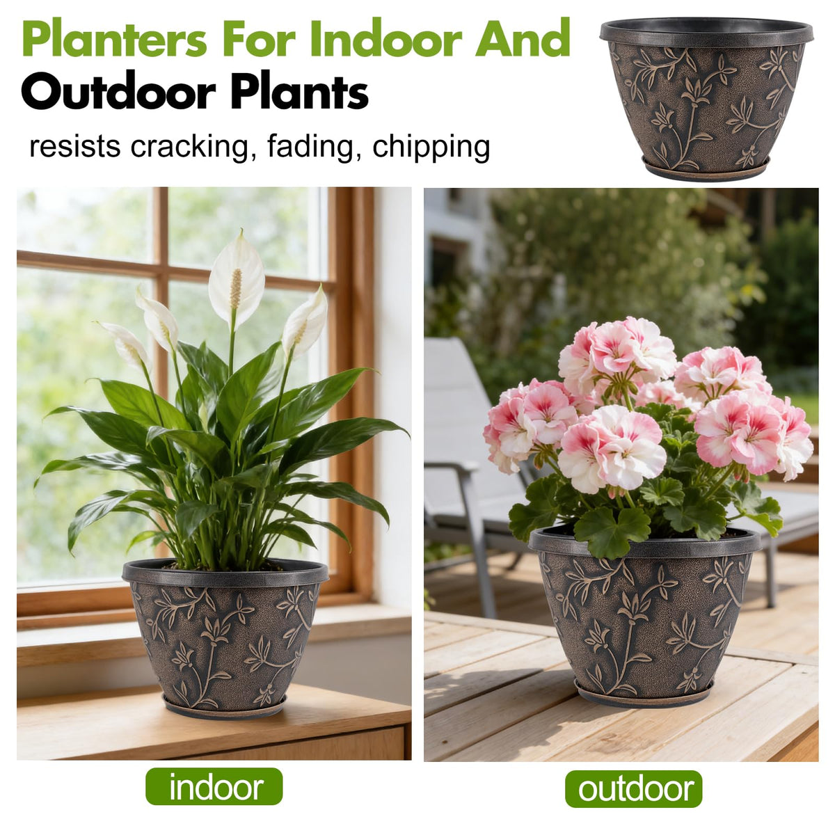 Nooulap indoor outdoor planter crafted from durable plastic resists cracking and fading.