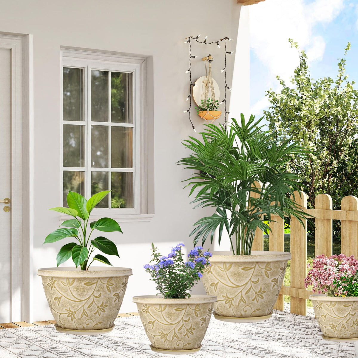 Nooulap 4-pack boosts curb appeal with cohesive beige planters for garden and home decor.