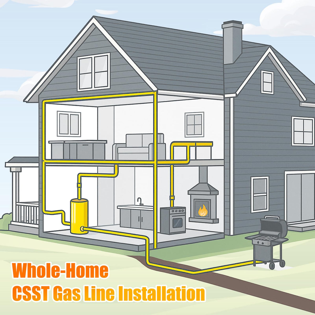 Leak-tested NORSGATEN CSST gas line ready for safe appliance connections.