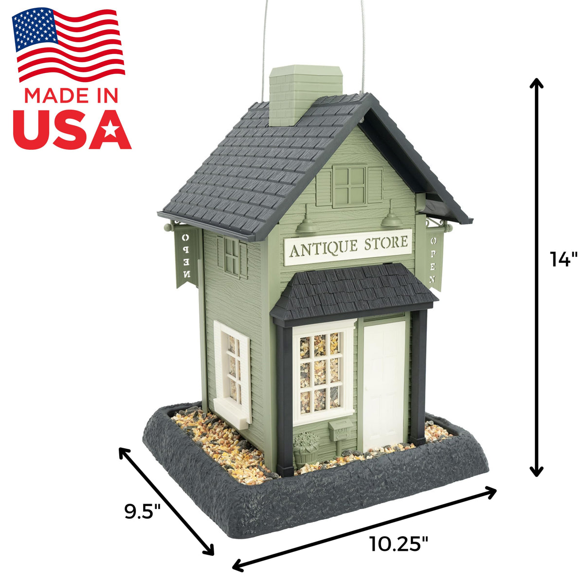 North States Antique Store Birdfeeder removable seed tray for quick cleaning.