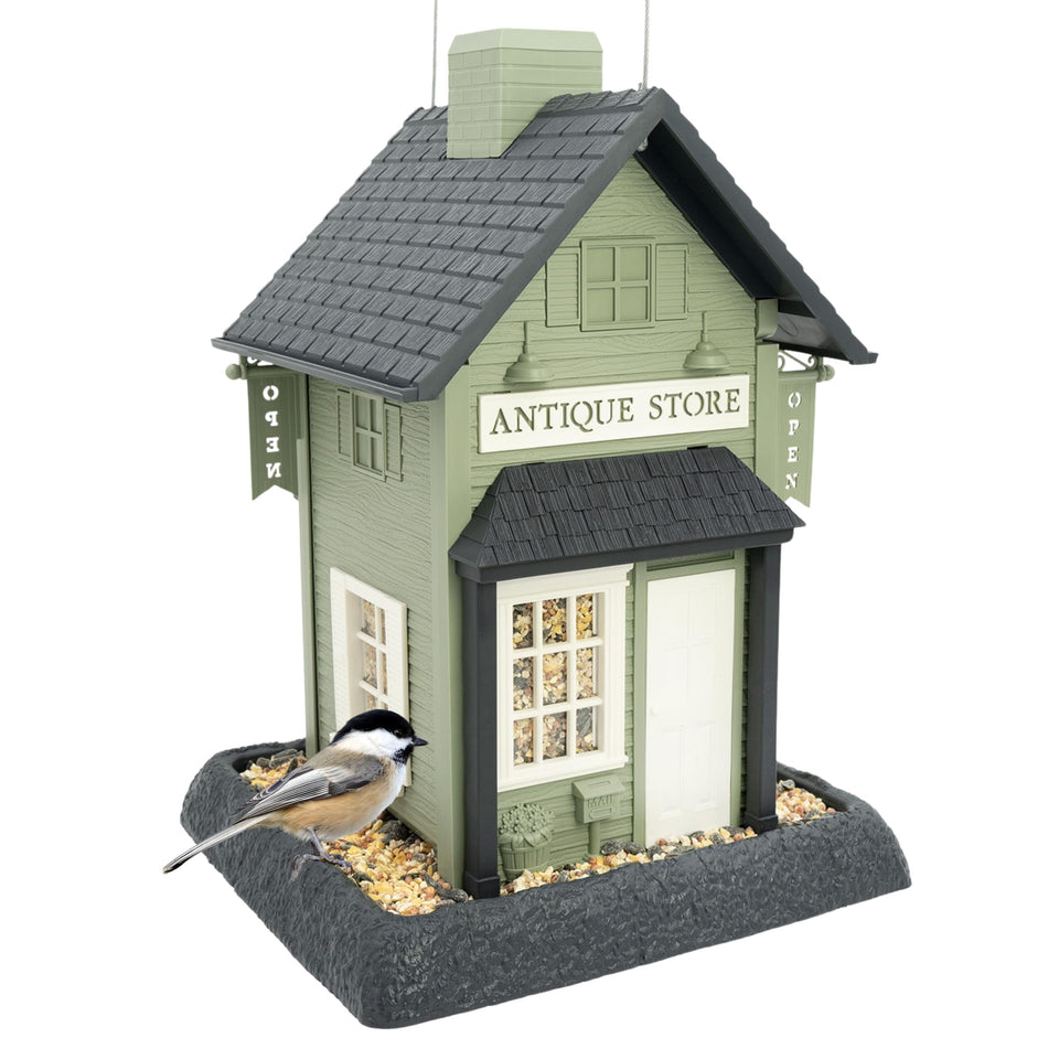 North States Antique Store Birdfeeder in sage green, front view attracting backyard songbirds.