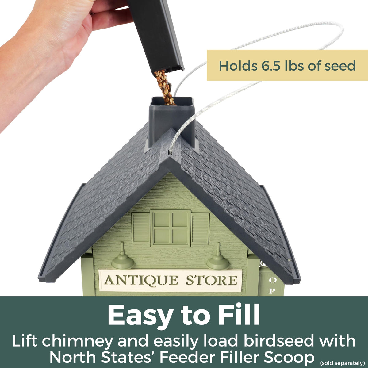North States Antique Store Birdfeeder with shingled roof detail for garden charm.