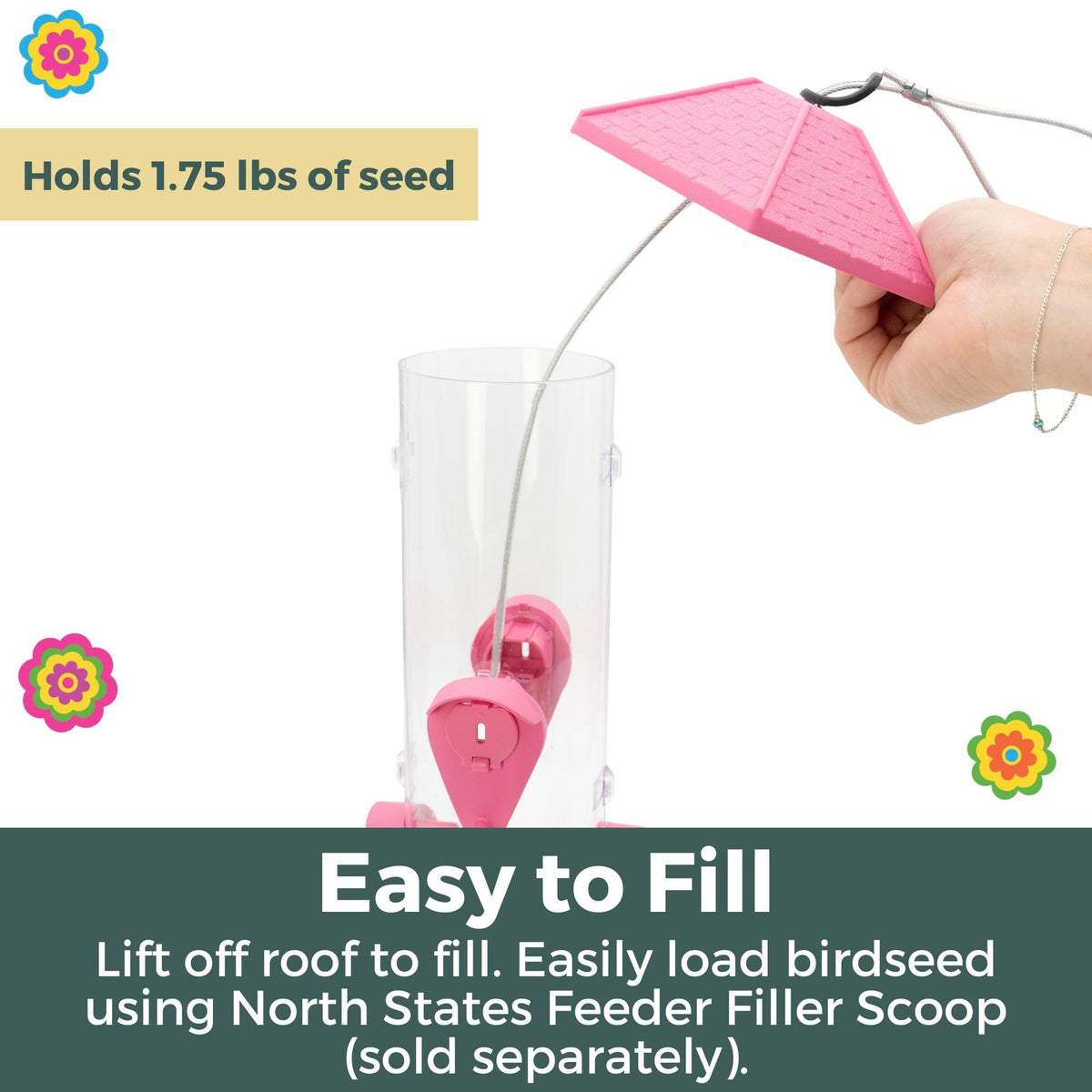 Fiesta Pink birdfeeder shows clear tube with easy seed monitoring