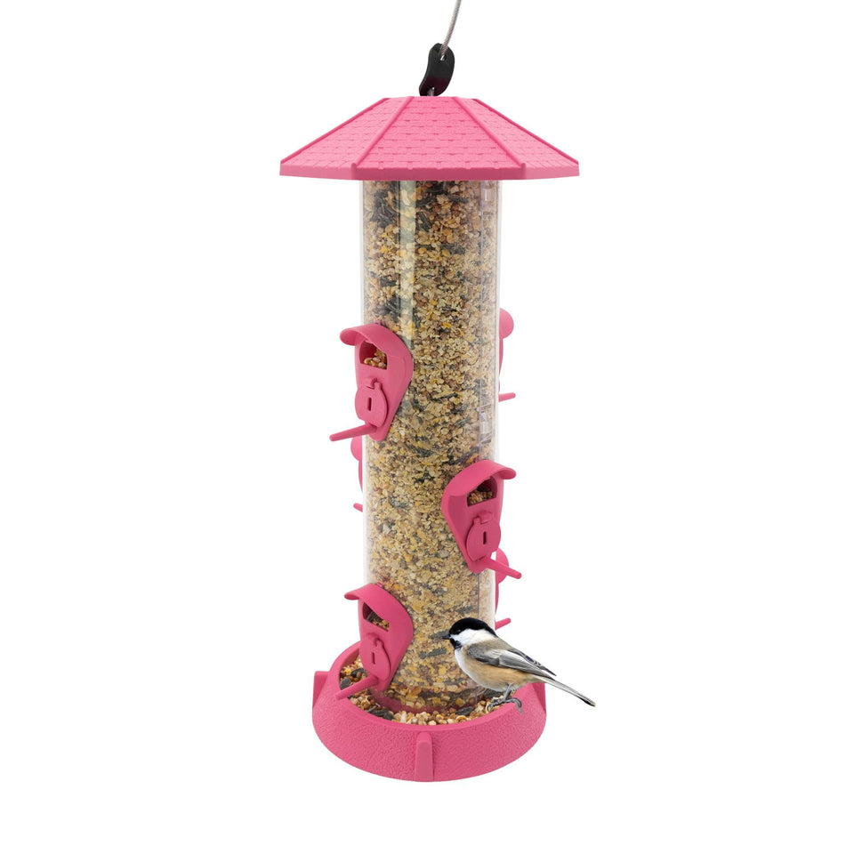 North States Fiesta Pink hanging birdfeeder in a sunny backyard for songbirds