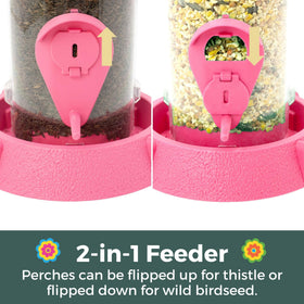 Fiesta Pink six-port hinged feeder stations offering seed options