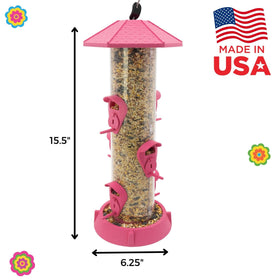 Textured base of Fiesta Pink feeder provides perches for small birds