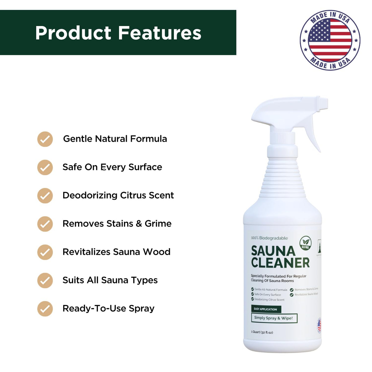 Northwood Sauna cleaner bottle closeup emphasizing natural ingredients and citrus aroma
