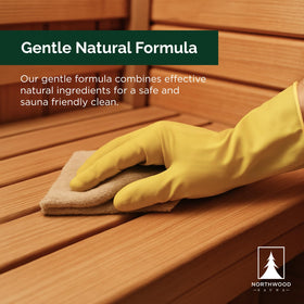Northwood Sauna cleaner packaging tag highlights safety and regular use