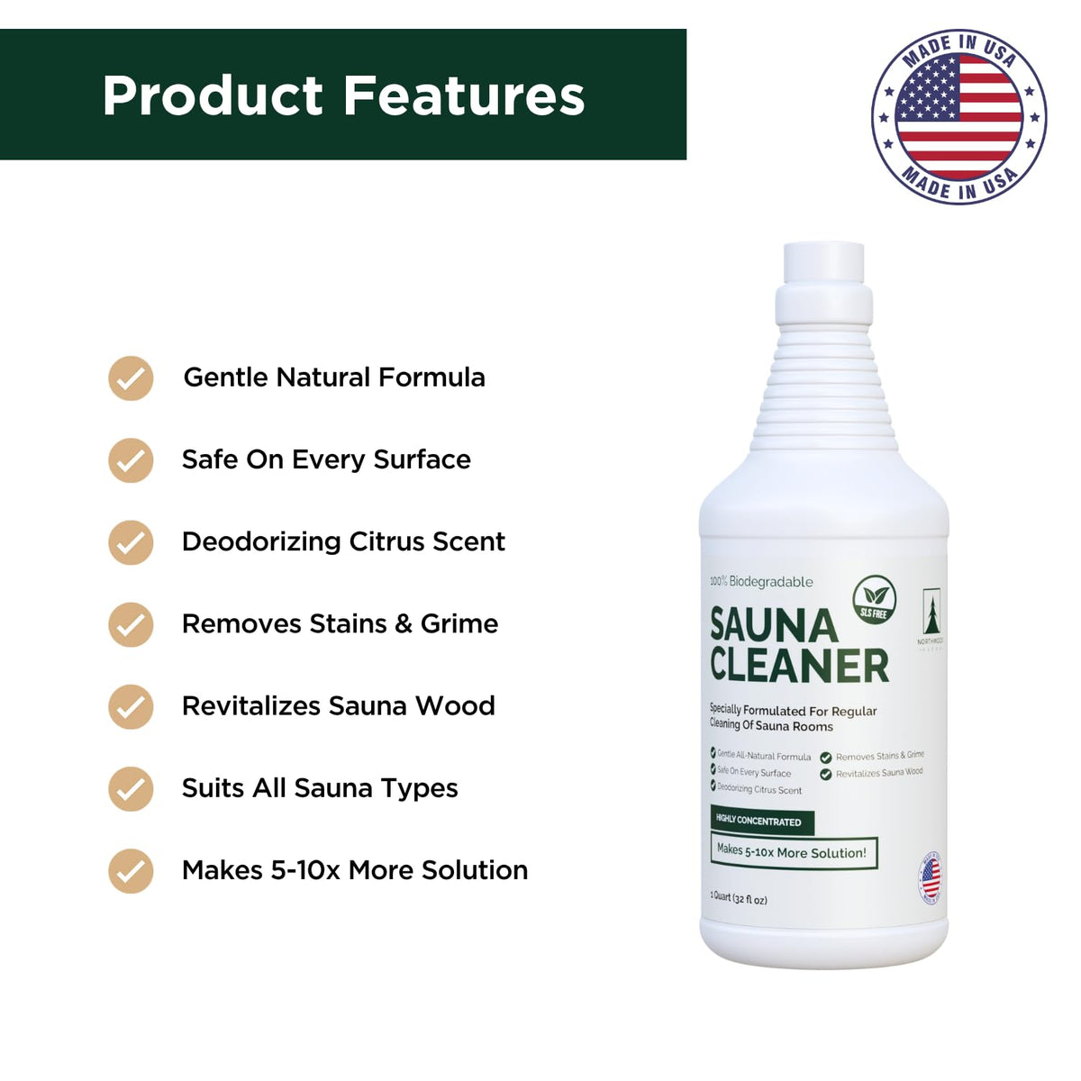 Northwood Sauna Cleaner dilution in water provides up to 10x more solution.