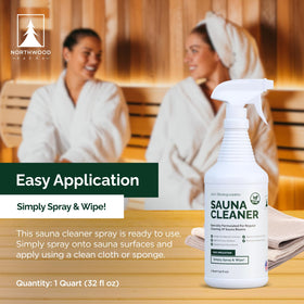 Northwood Sauna cleaner spray action showing mist on wood surface