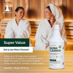 Northwood Sauna Cleaner in action cleaning wooden surfaces after use with citrus aroma.