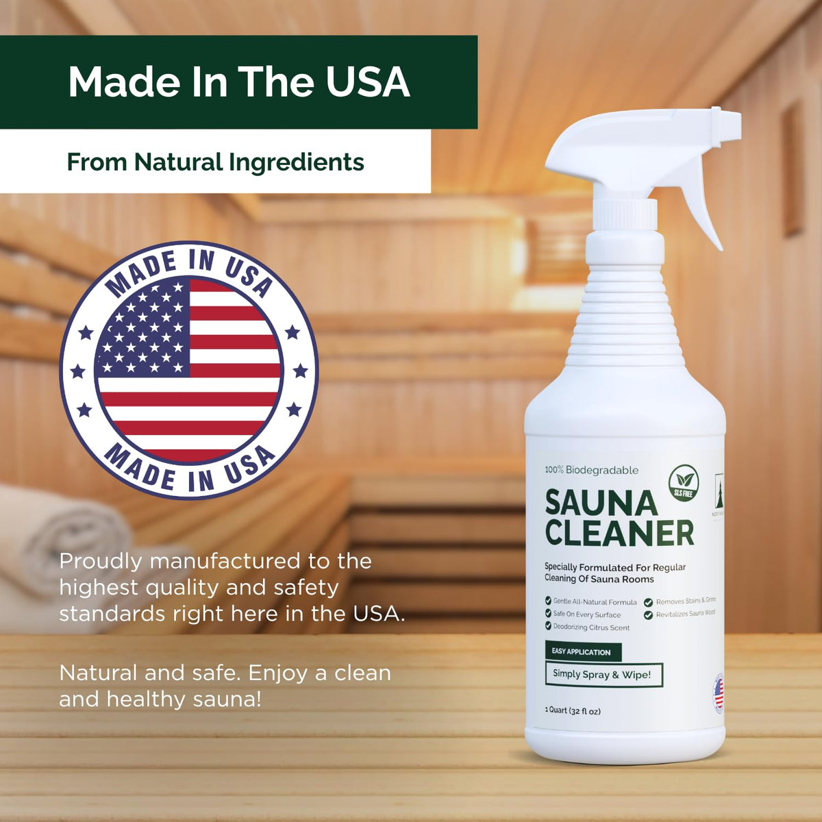Northwood Sauna cleaner on wood surface after wipe reveals revitalized wood