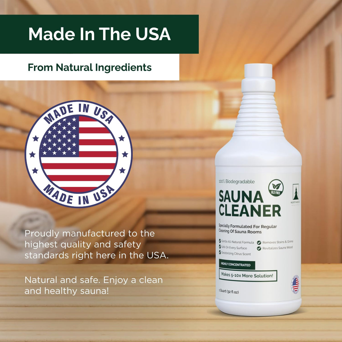Northwood Sauna Cleaner refreshes woodgrain on sauna boards for a cleaner look.