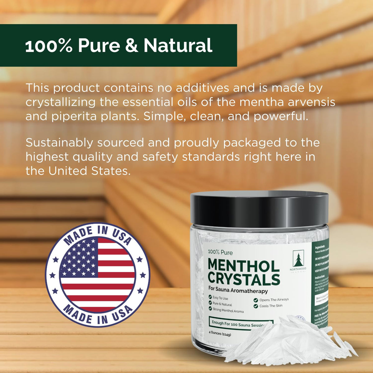 Steamy sauna scene with Northwood Menthol Crystals delivering a cooling scent.