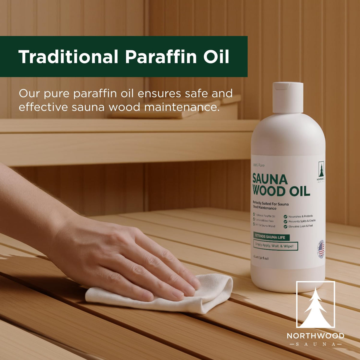Northwood Sauna Oil in a sauna room demonstrating durable wood protection.