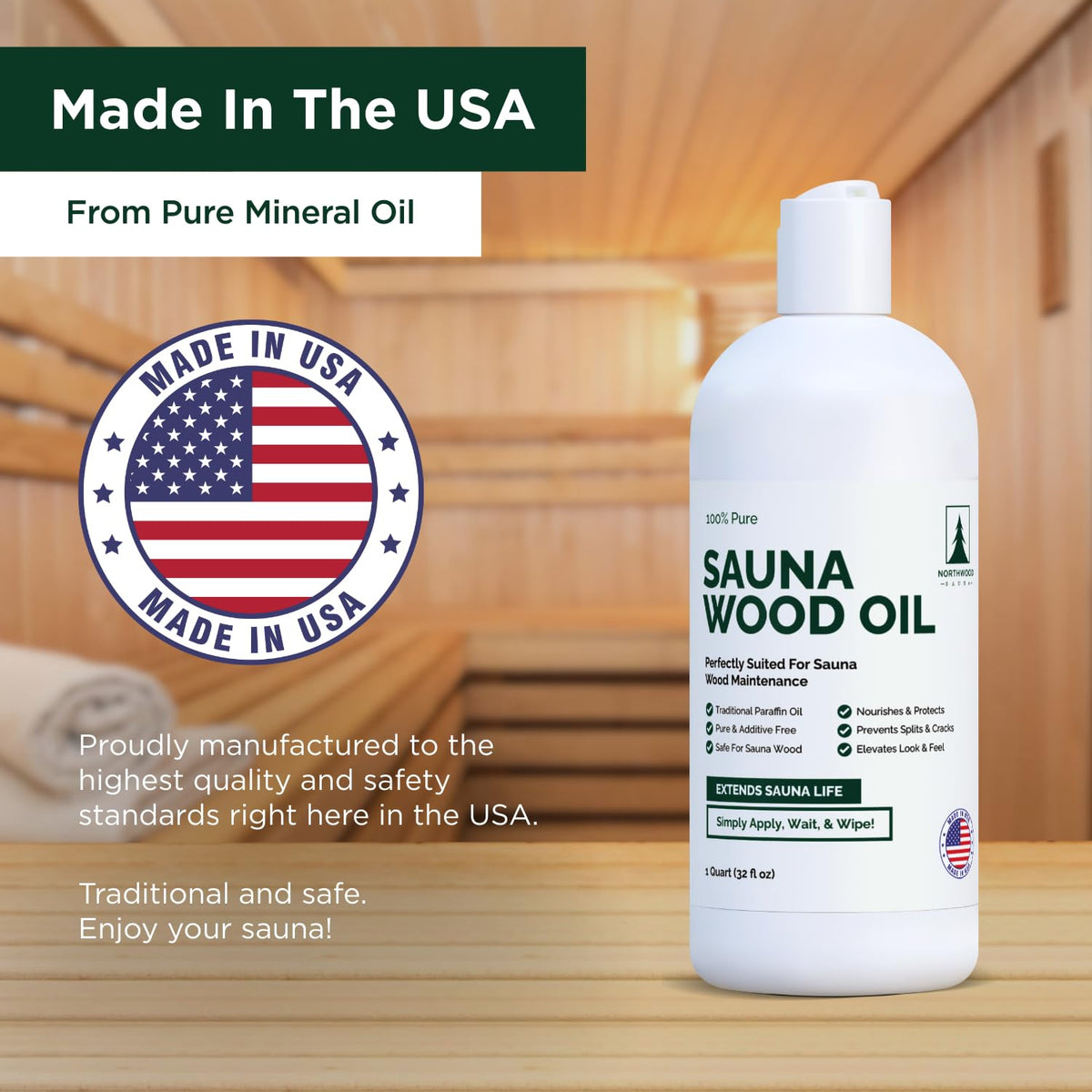 Close-up of Northwood Sauna Oil label, USA-made quality.