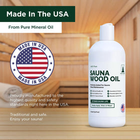 Close-up of Northwood Sauna Oil label, USA-made quality.