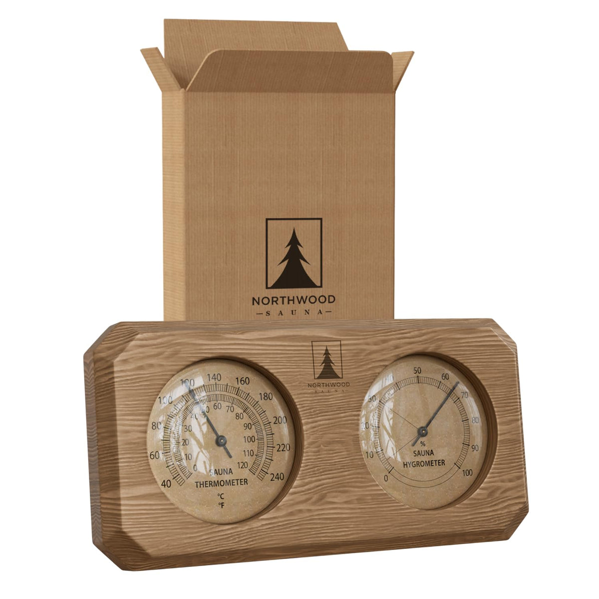 Northwood Sauna thermometer-hygrometer outer Fahrenheit dial for precise readings.