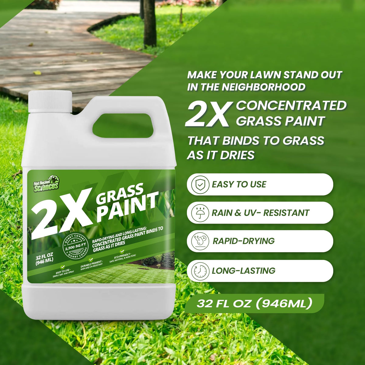 Not Rocket Sciences green grass spray action demonstrates rapid-dry formula for weather resilience.