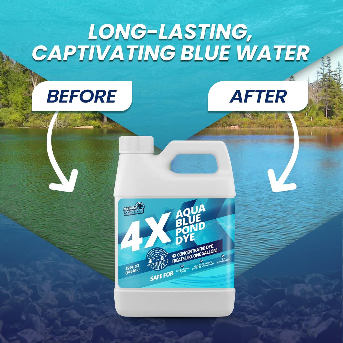 Not Rocket Sciences Aqua Blue Pond Dye on water adds vivid blue color to ponds