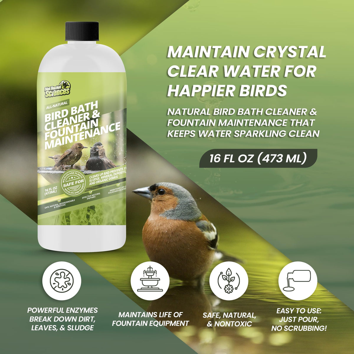 Not Rocket Sciences bird bath cleaner enzymes action demonstrates natural enzymatic cleanup