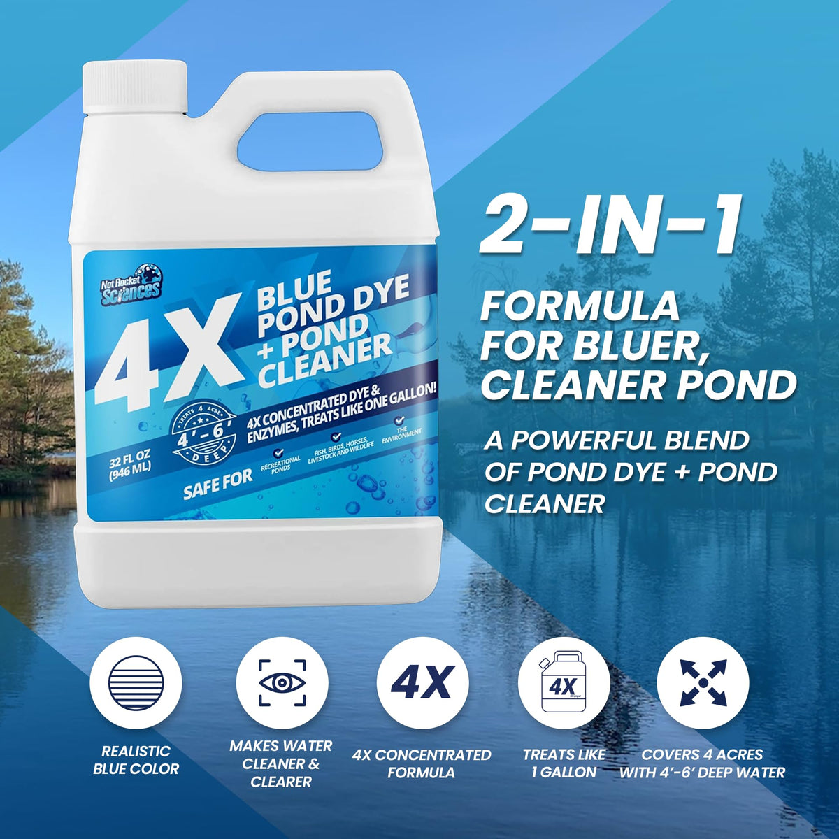 Not Rocket Sciences blue pond dye with enzymes clarifies water and reduces muck.