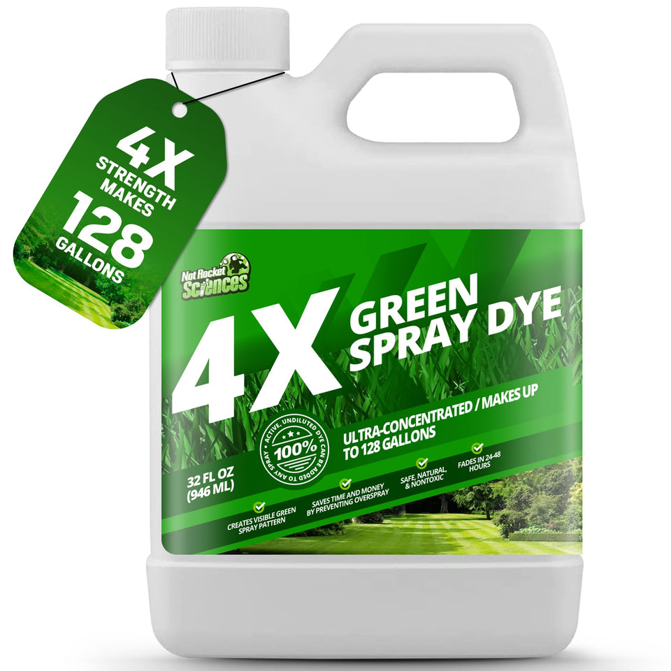 Not Rocket Sciences green spray dye bottle shows 32oz size for precise lawn marking