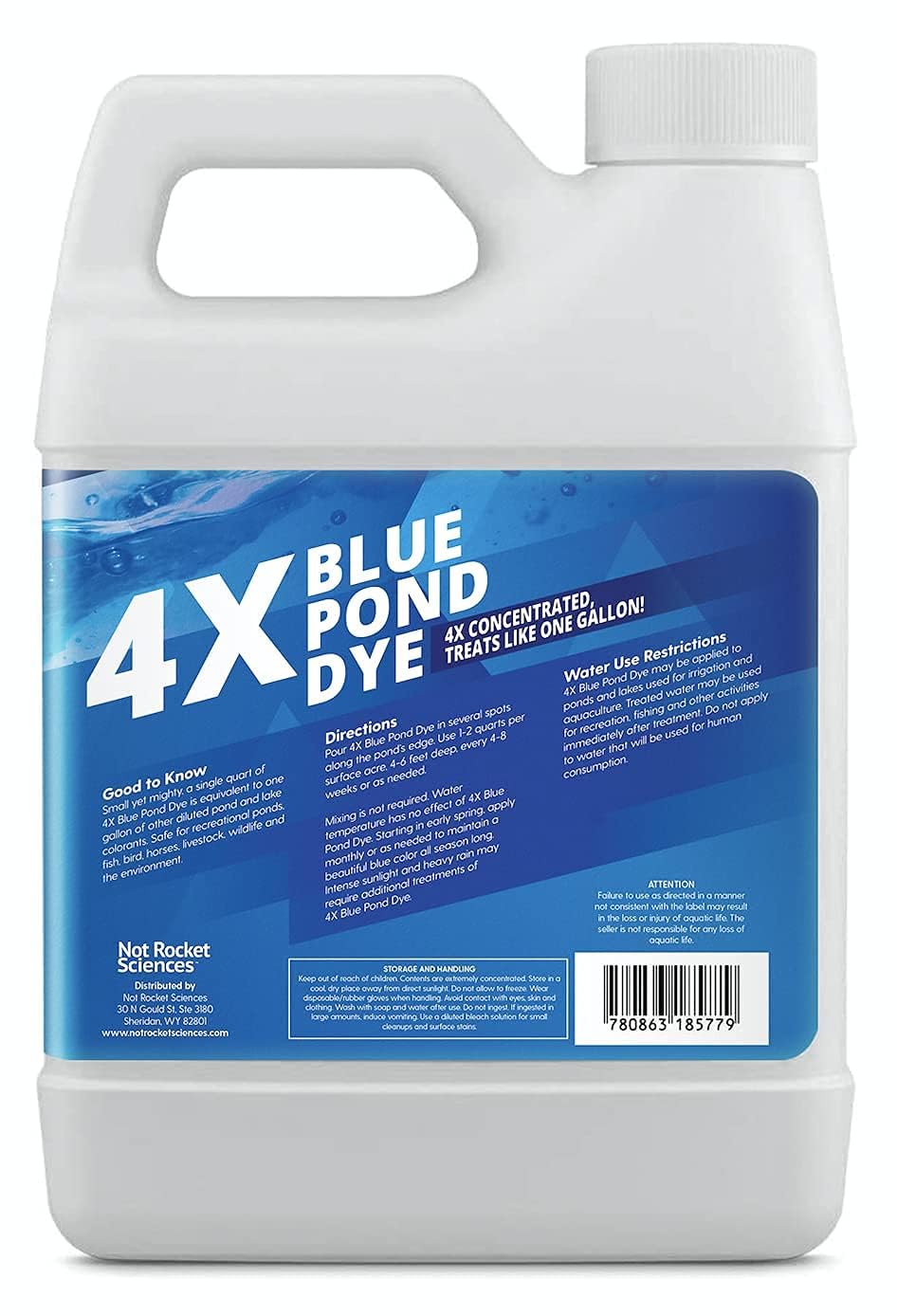 Not Rocket Sciences pond dye covers up to one acre per bottle.