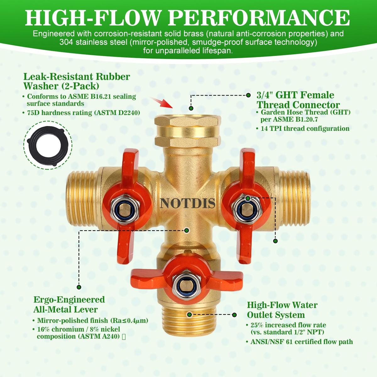 NOTDIS 3 Way Hose Splitter ensures leak-free performance during use.