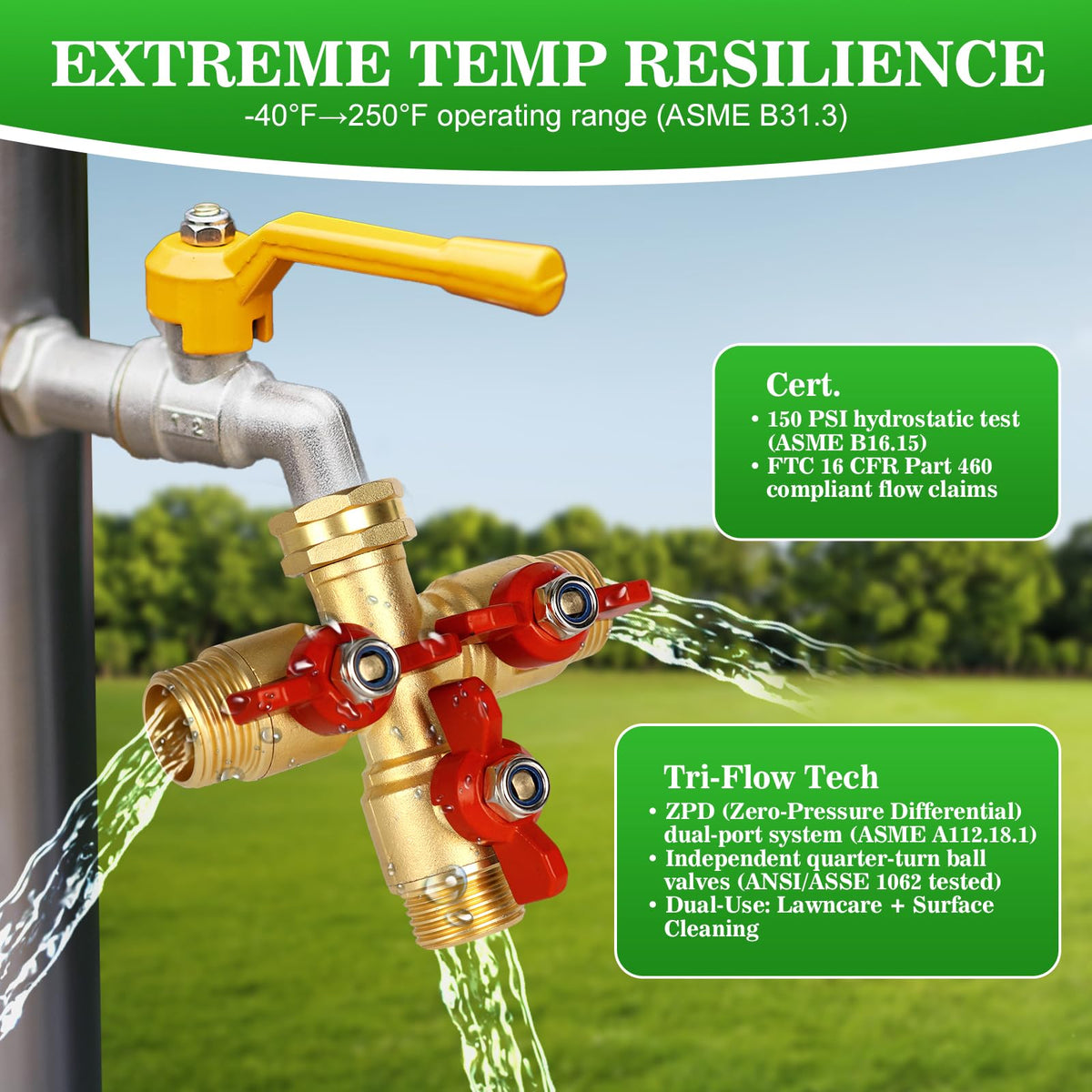 NOTDIS 3 Way Hose Splitter compatible with standard 3/4 inch hoses.