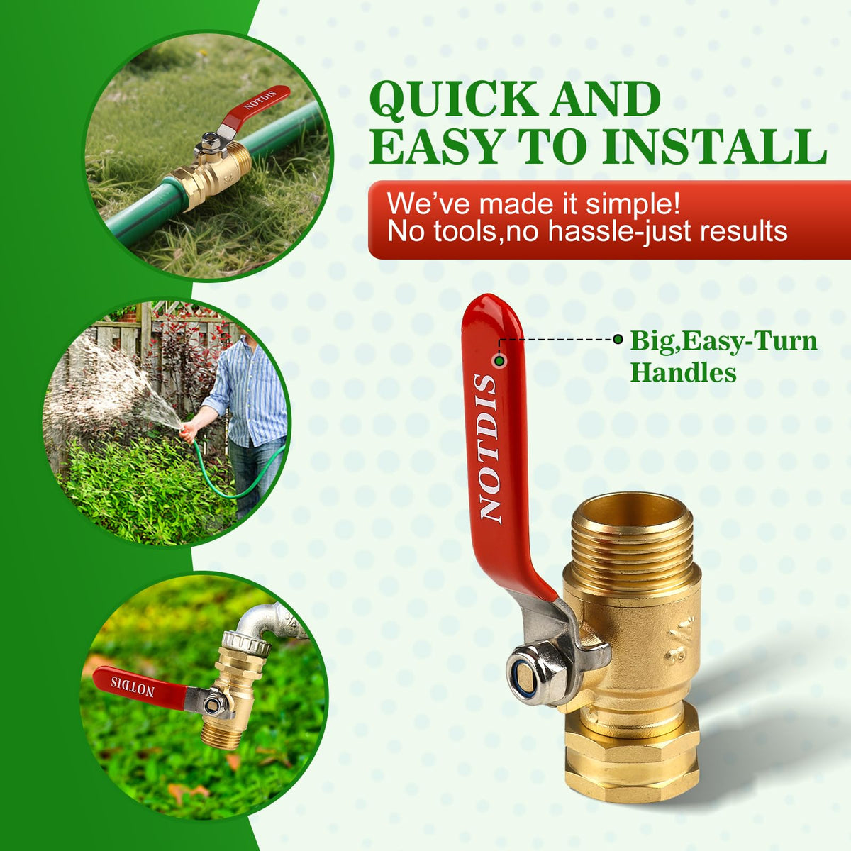NOTDIS brass valve with 3/4-in GHT connector for versatile hose compatibility