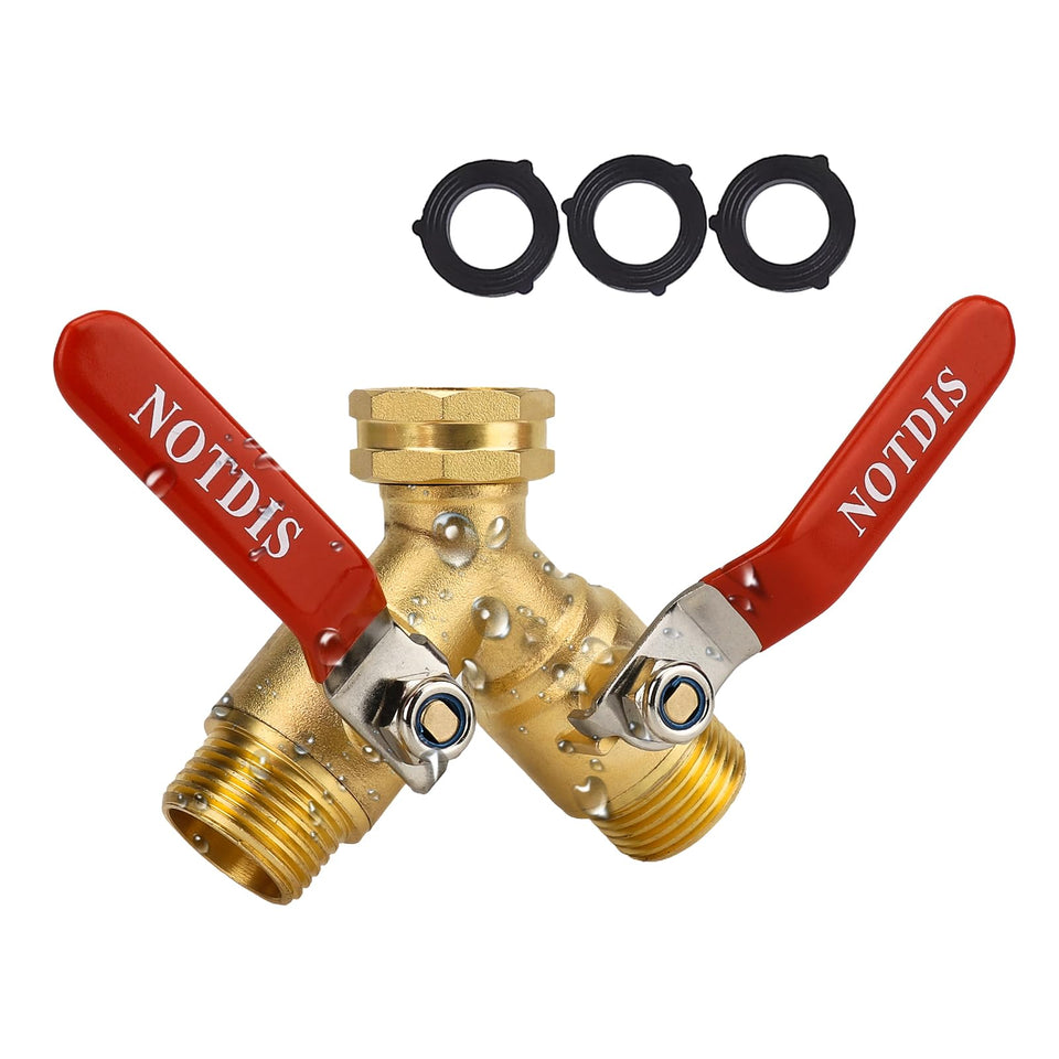NOTDIS hose splitter with heavy-duty brass body for durable outdoor use.