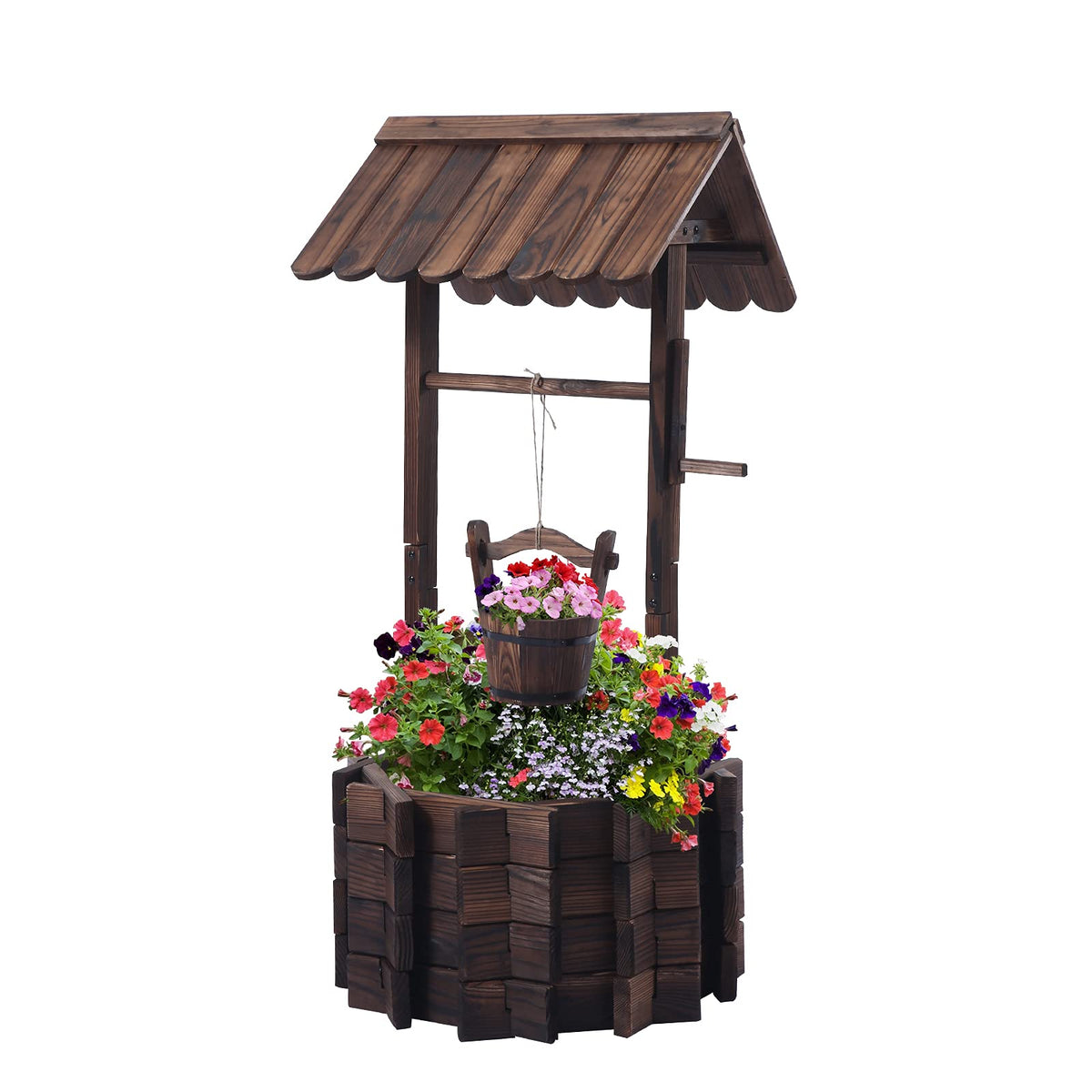 Notume garden wooden wishing well planter in outdoor space adds rustic charm.