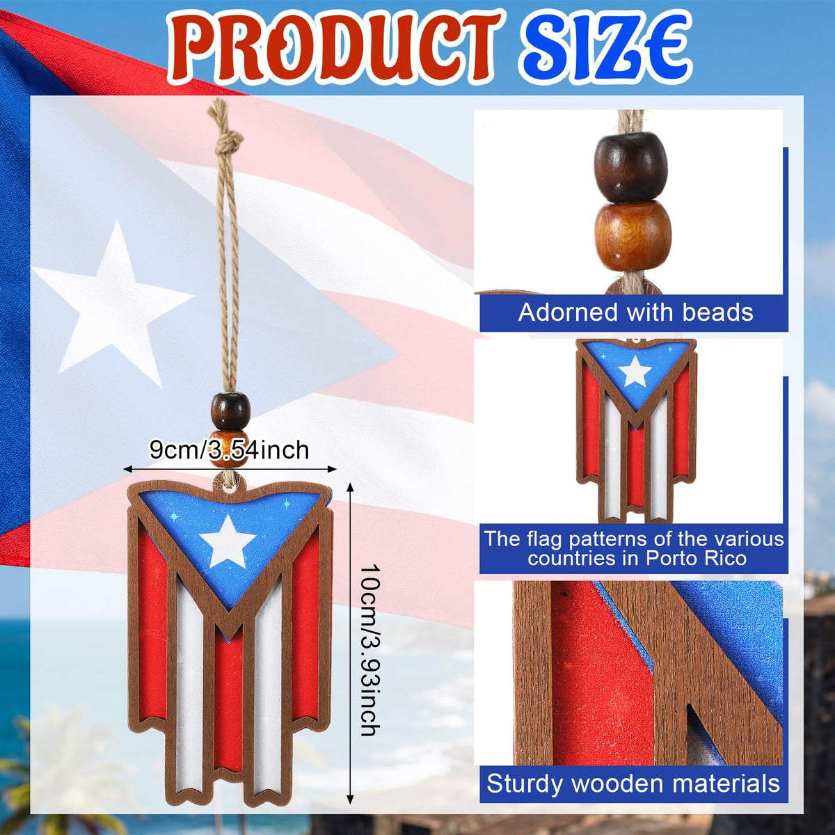 Laser-cut wooden details highlight craftsmanship on the Puerto Rico flag ornament.