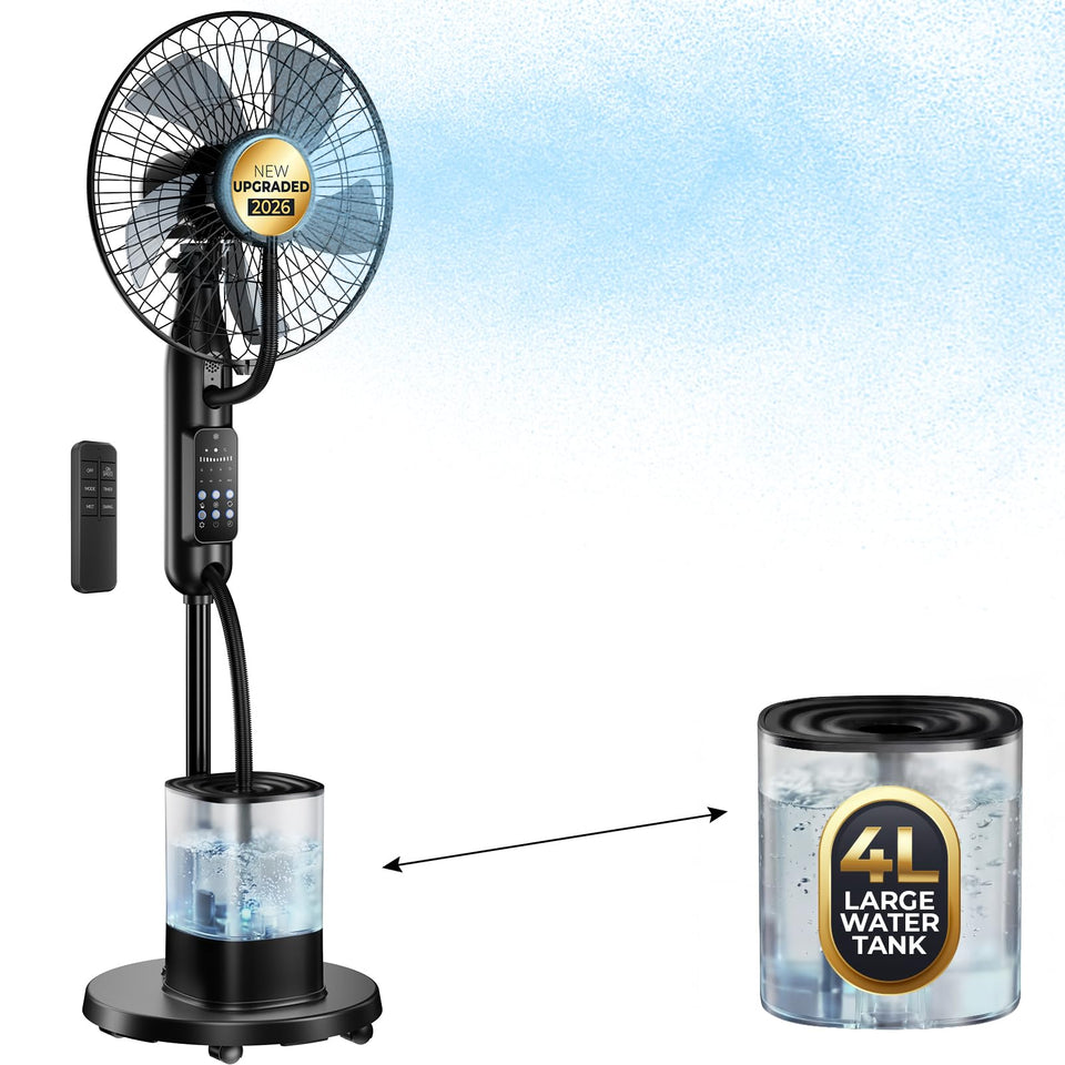 NovaMist Misting Fan 70-degree wide-angle airflow for even cooling in living rooms.