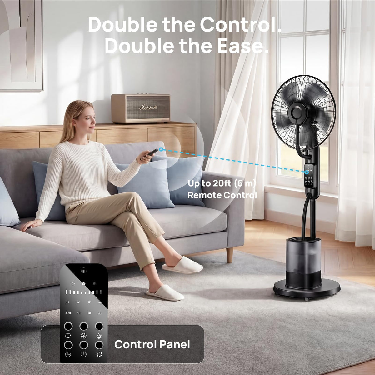 NovaMist Misting Fan dual control with remote and panel for flexible use.