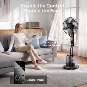 NovaMist Misting Fan dual control with remote and panel for flexible use.