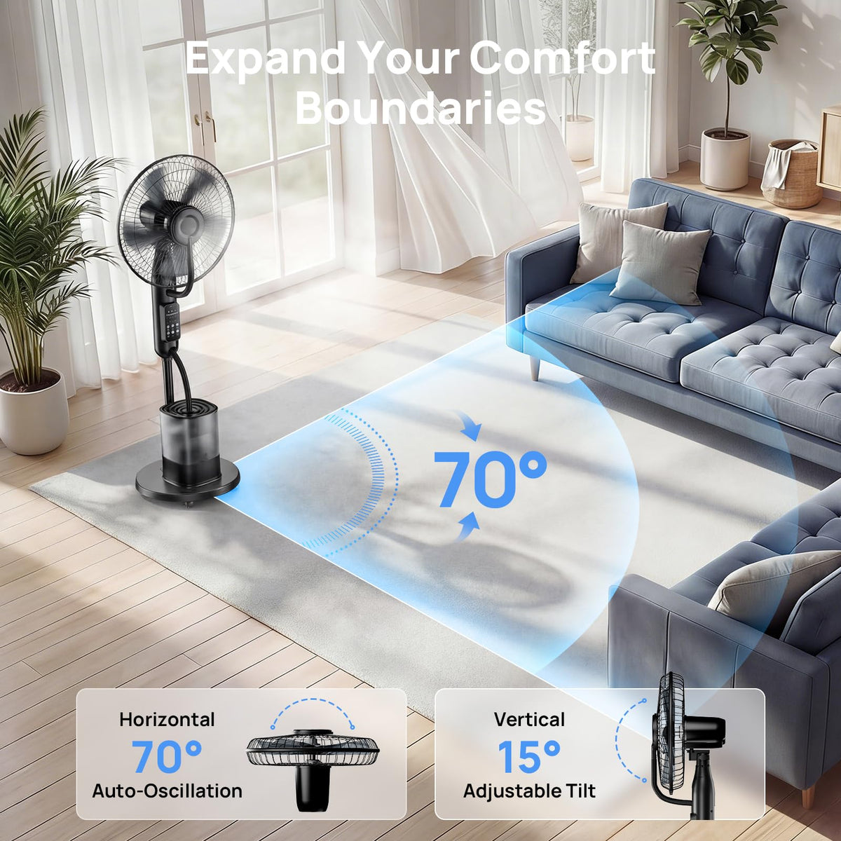 NovaMist Misting Fan floor-standing design fits bedrooms and patios.