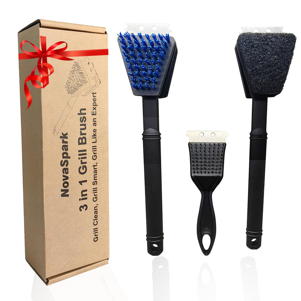 Novaspark nylon grill brush close-up highlighting bristle-free safety.