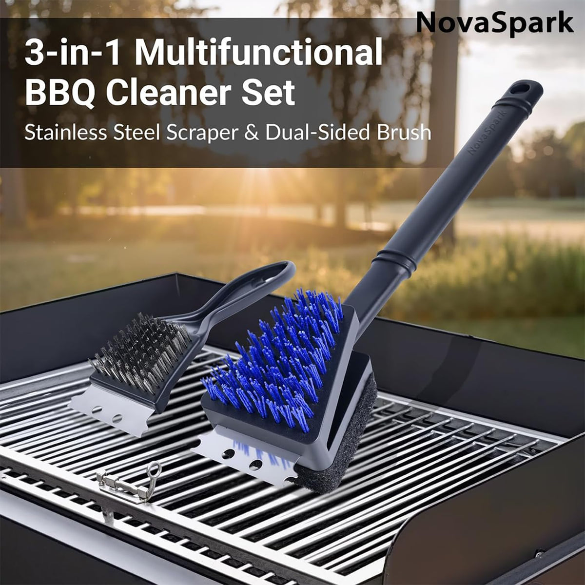 Novaspark 3-piece nylon grill brush set ready for full outdoor cleanup.
