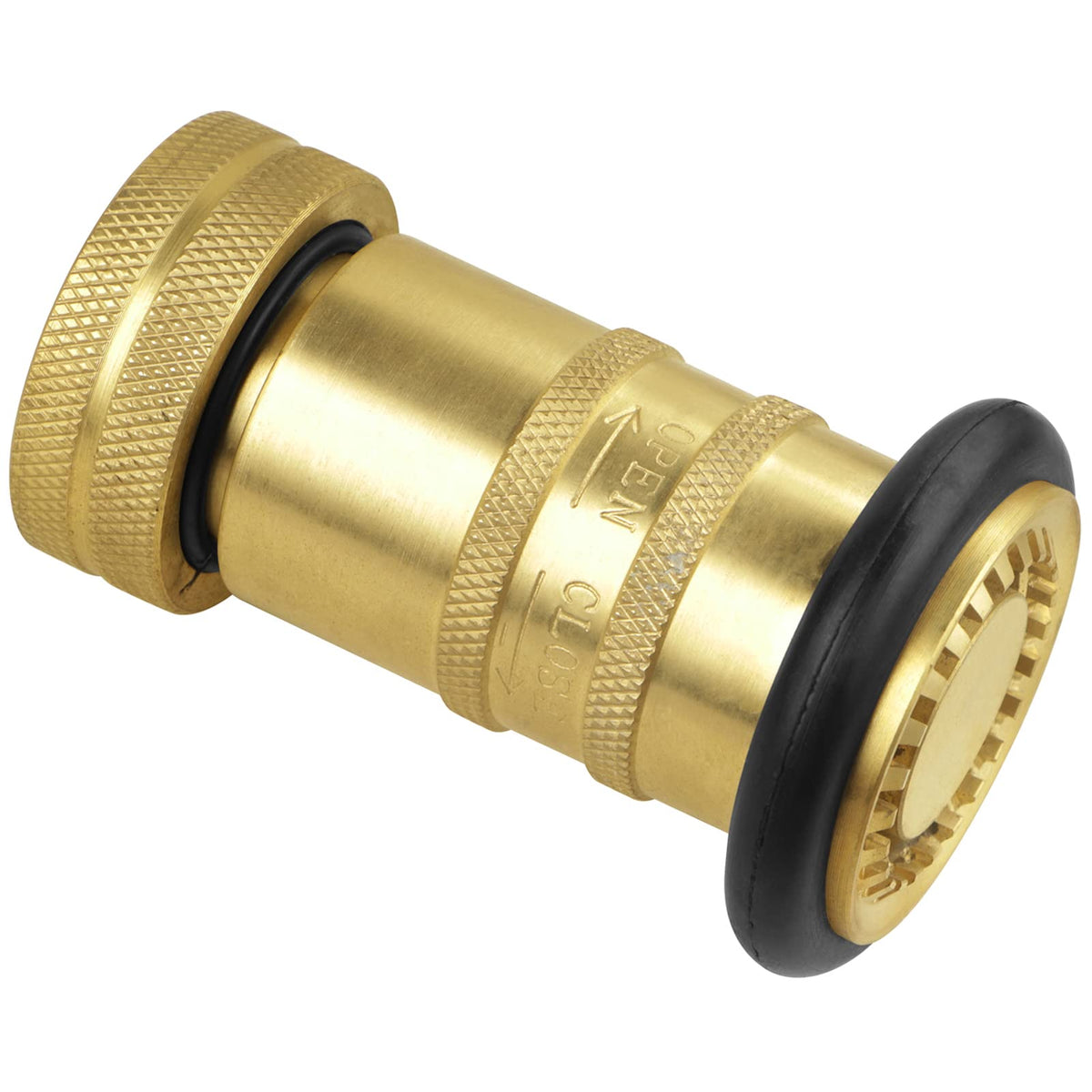 NOVINO fire hose nozzle with straight jet spray for high-volume water delivery.
