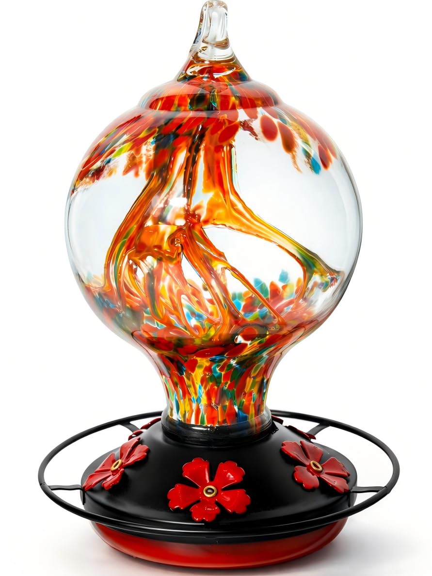 Novoto hummingbird feeder outdoors hanging attracts hummingbirds with vibrant glass.