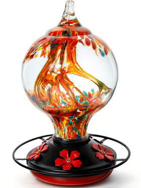 Novoto hummingbird feeder outdoors hanging attracts hummingbirds with vibrant glass.