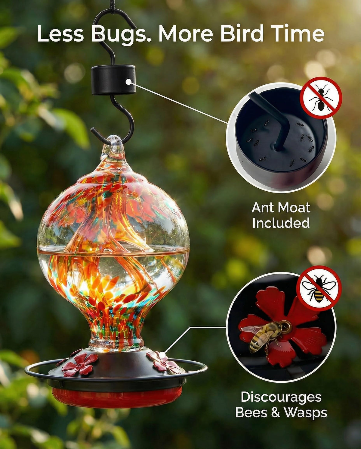 Novoto hummingbird feeder sunset red glass art enhances garden decor and invites visitors.