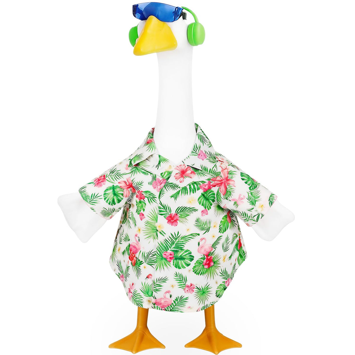 NovousGoo porch goose outfit with Hawaiian shirt for festive yard decor.