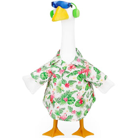 NovousGoo porch goose outfit with Hawaiian shirt for festive yard decor.