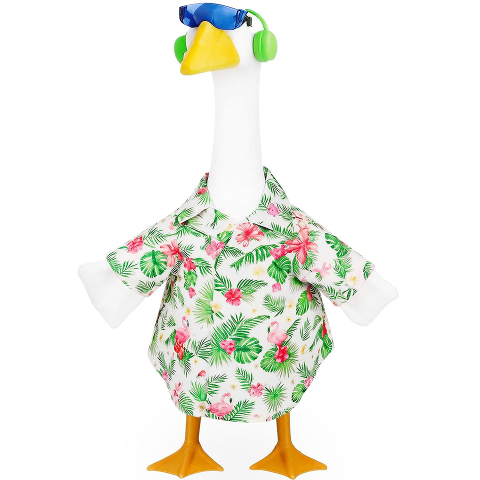 NovousGoo porch goose outfit with Hawaiian shirt for festive yard decor.