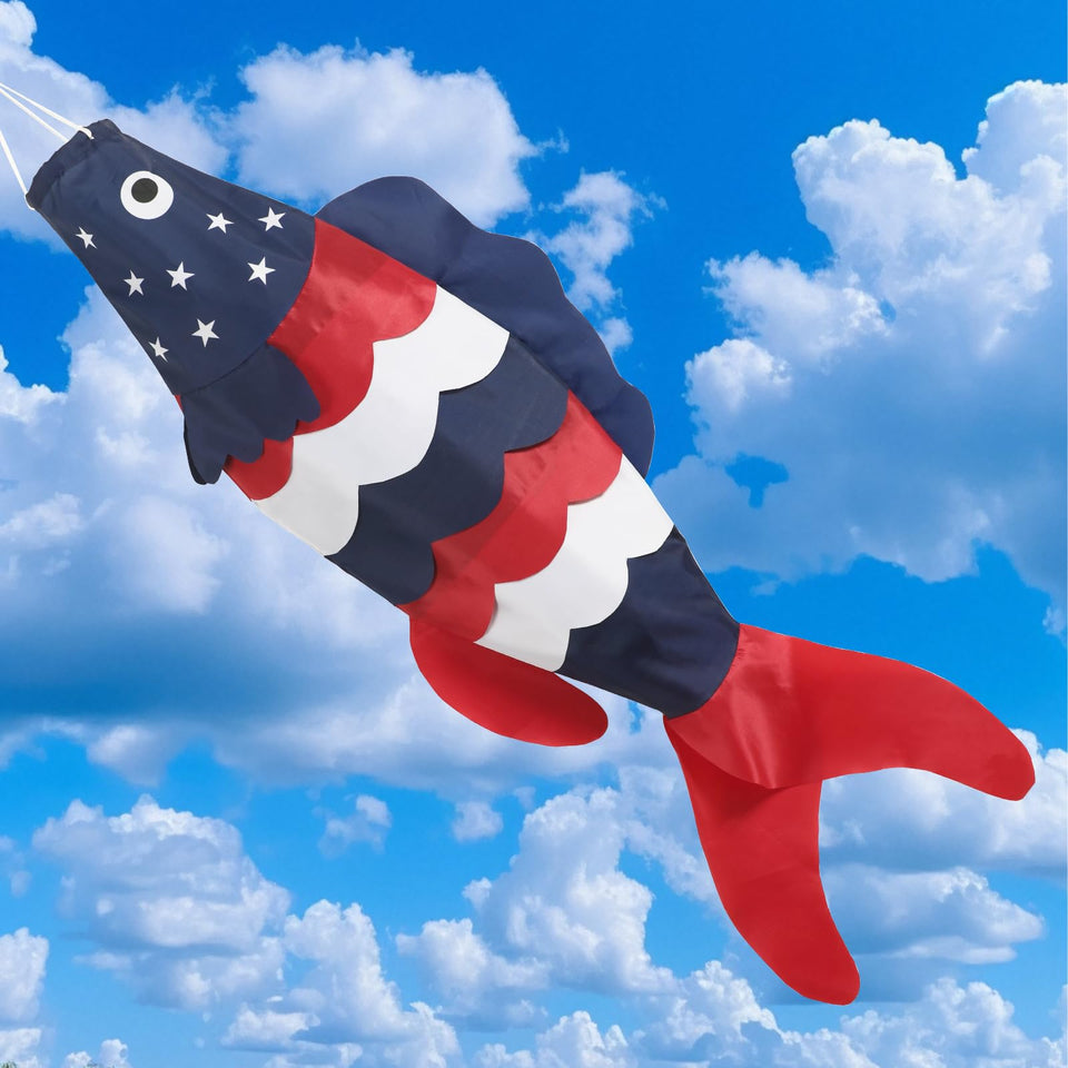 NOVWANG American fish windsock enhances garden patriotism in breeze