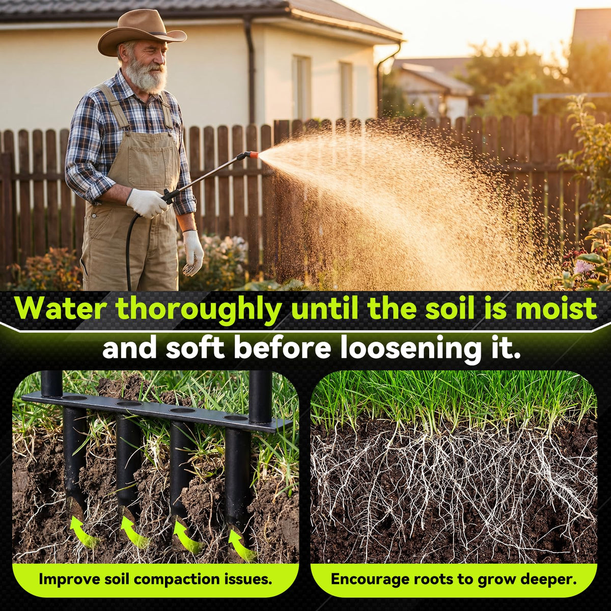 Nowcamp elevated-design lawn aerator extending to 110cm reduces bending and back strain.